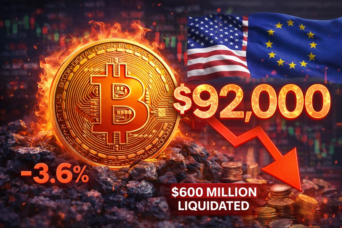 Bitcoin Slips Below $92,000 as Tariff Shock Triggers $600 Million Liquidation Storm